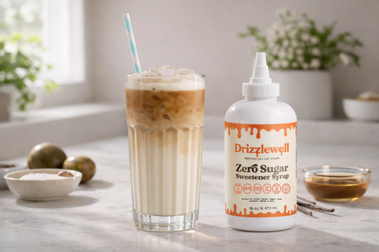 Sugar-free vanilla latte made with Drizzlewell zero sugar coffee syrup using allulose and monk fruit sweetener