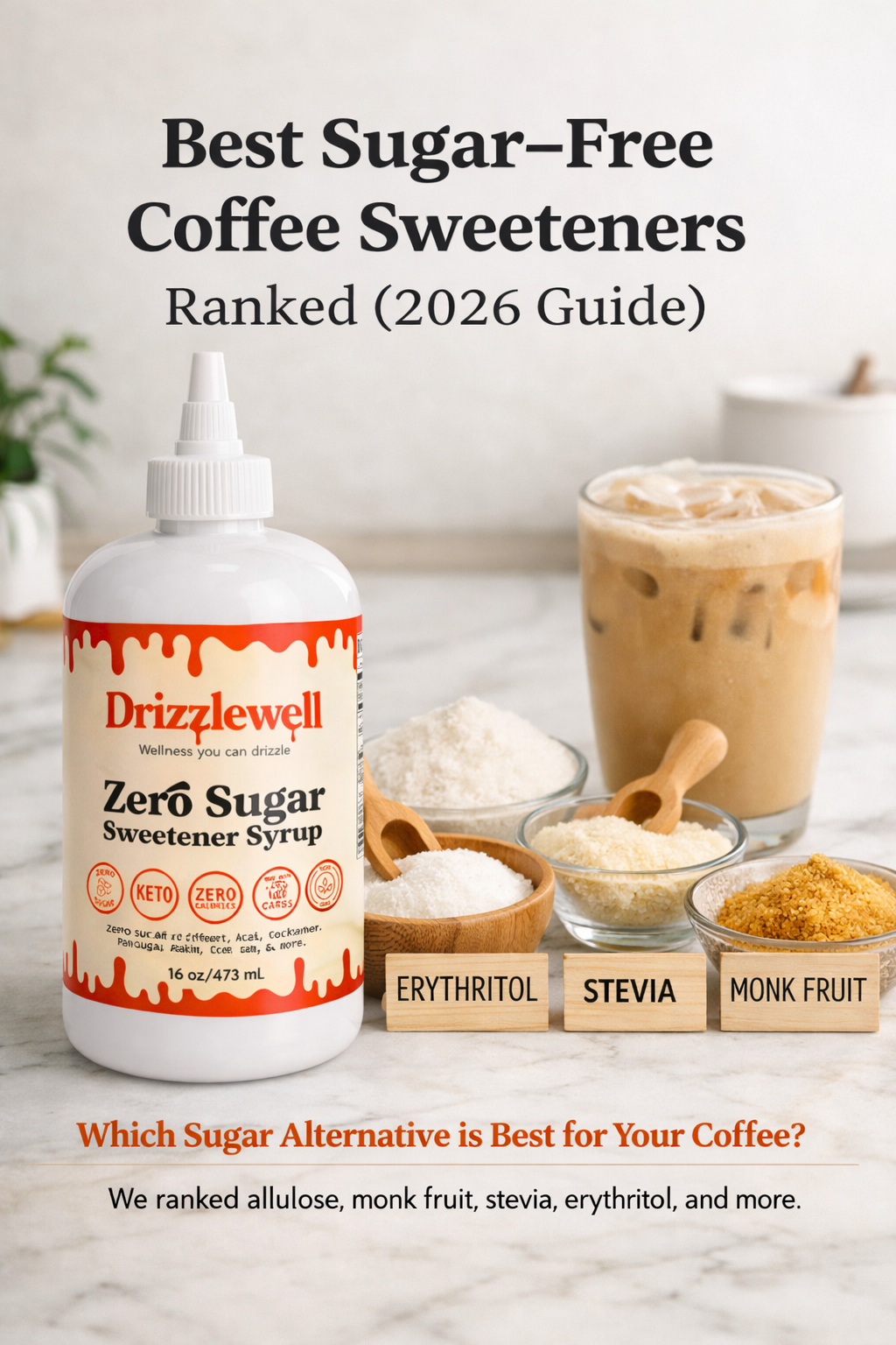 Comparison of sugar-free coffee sweeteners including allulose, monk fruit, stevia and erythritol with Drizzlewell zero sugar syrup and iced coffee