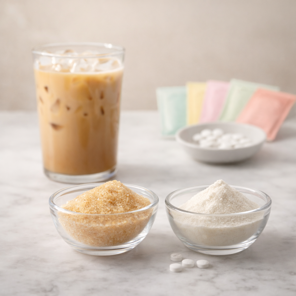 Allulose and monk fruit sweeteners compared to artificial sweetener tablets in iced coffee for zero sugar natural sweetener comparison