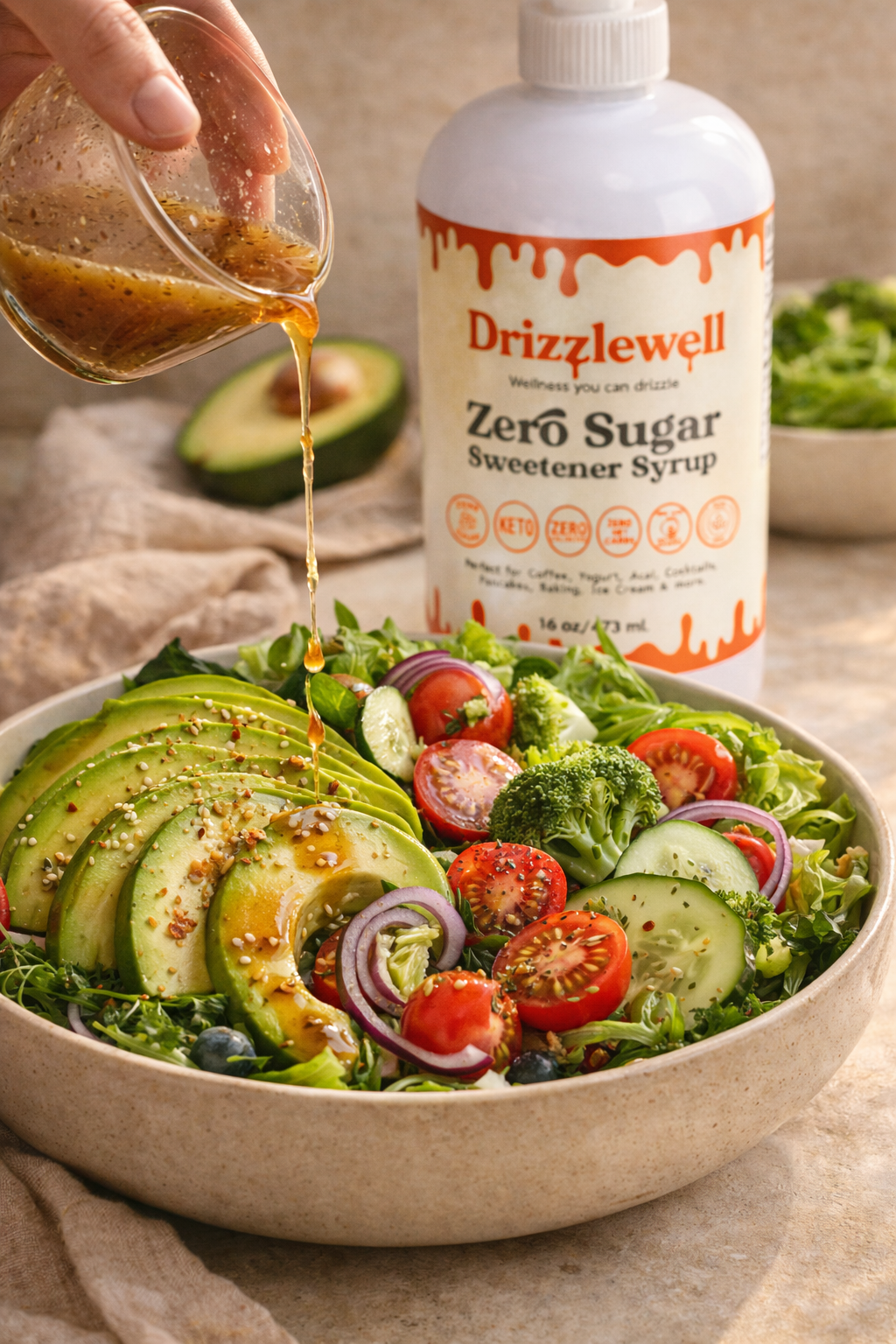 Sugar free salad with avocado, tomatoes, and vegetables drizzled with zero sugar dressing made using Drizzlewell syrup keto diabetic friendly sweetener