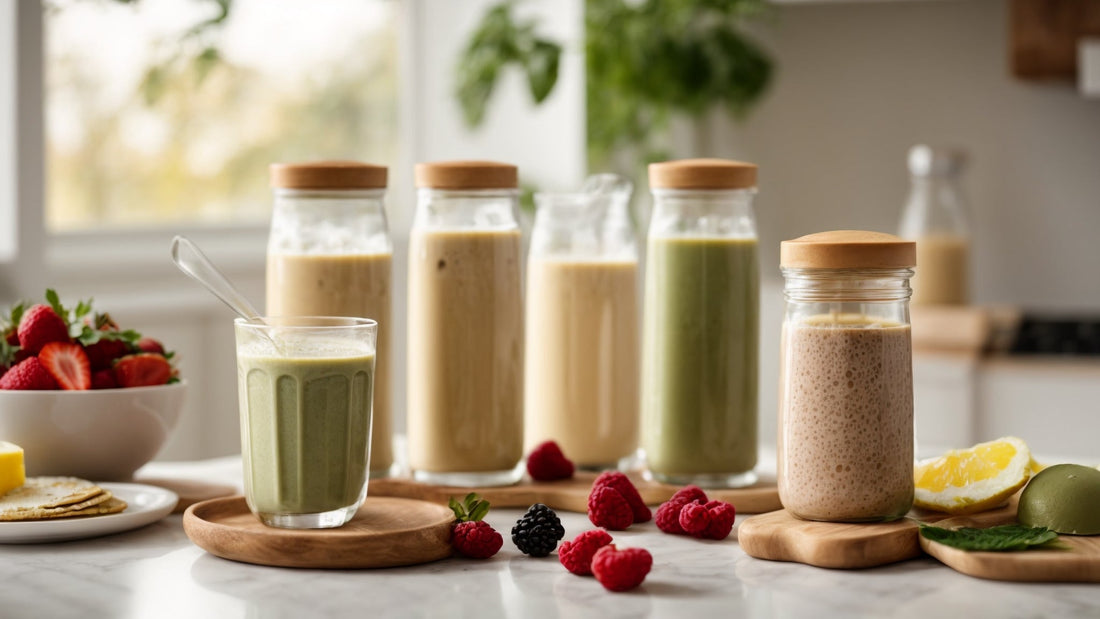 Variety of sugar-free breakfast and snack options including smoothies, chia pudding and fruit for a healthy low sugar diet