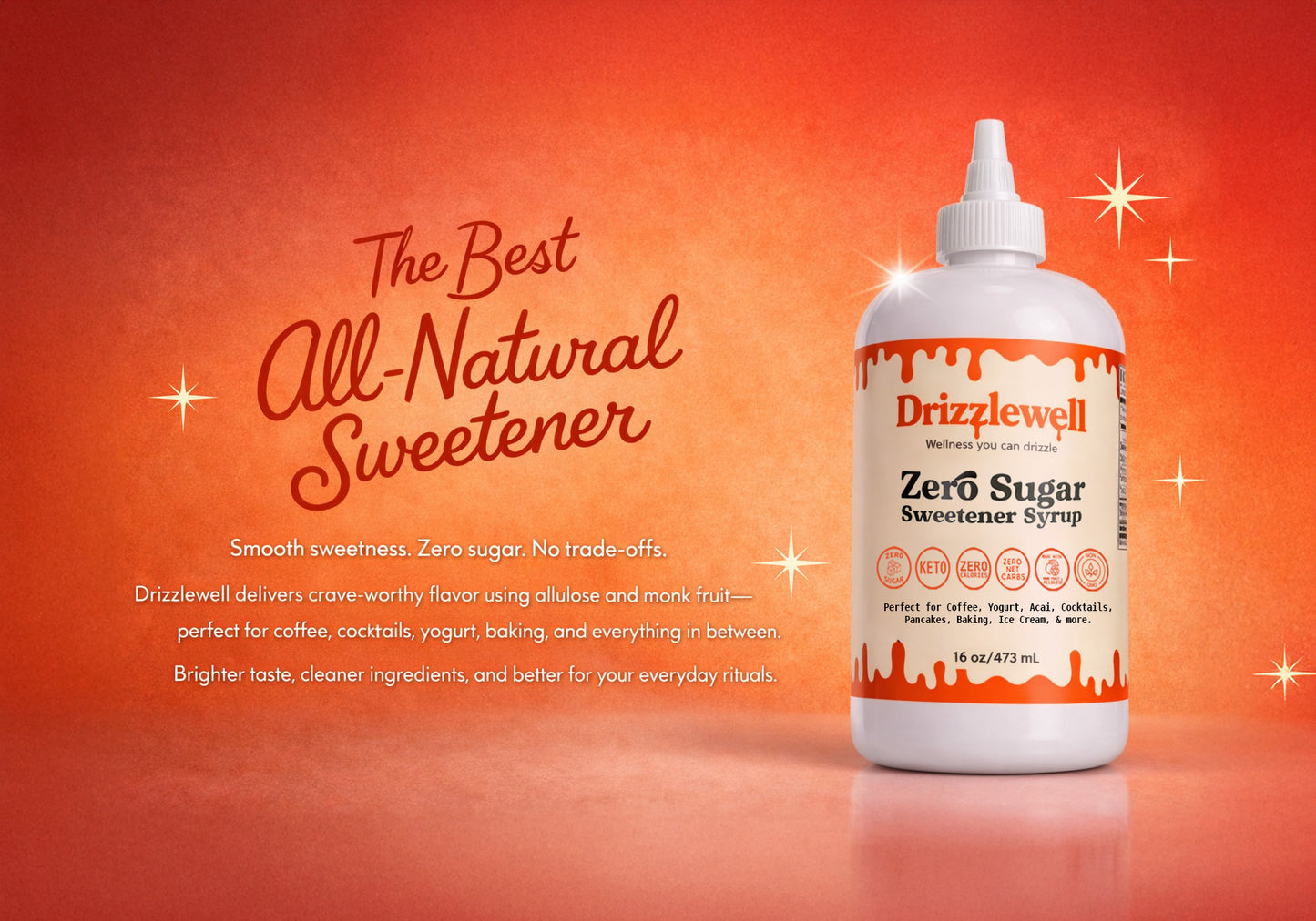 Drizzlewell zero sugar sweetener syrup made with allulose and monk fruit—an all natural sugar free syrup for coffee, cocktails, yogurt, and baking.