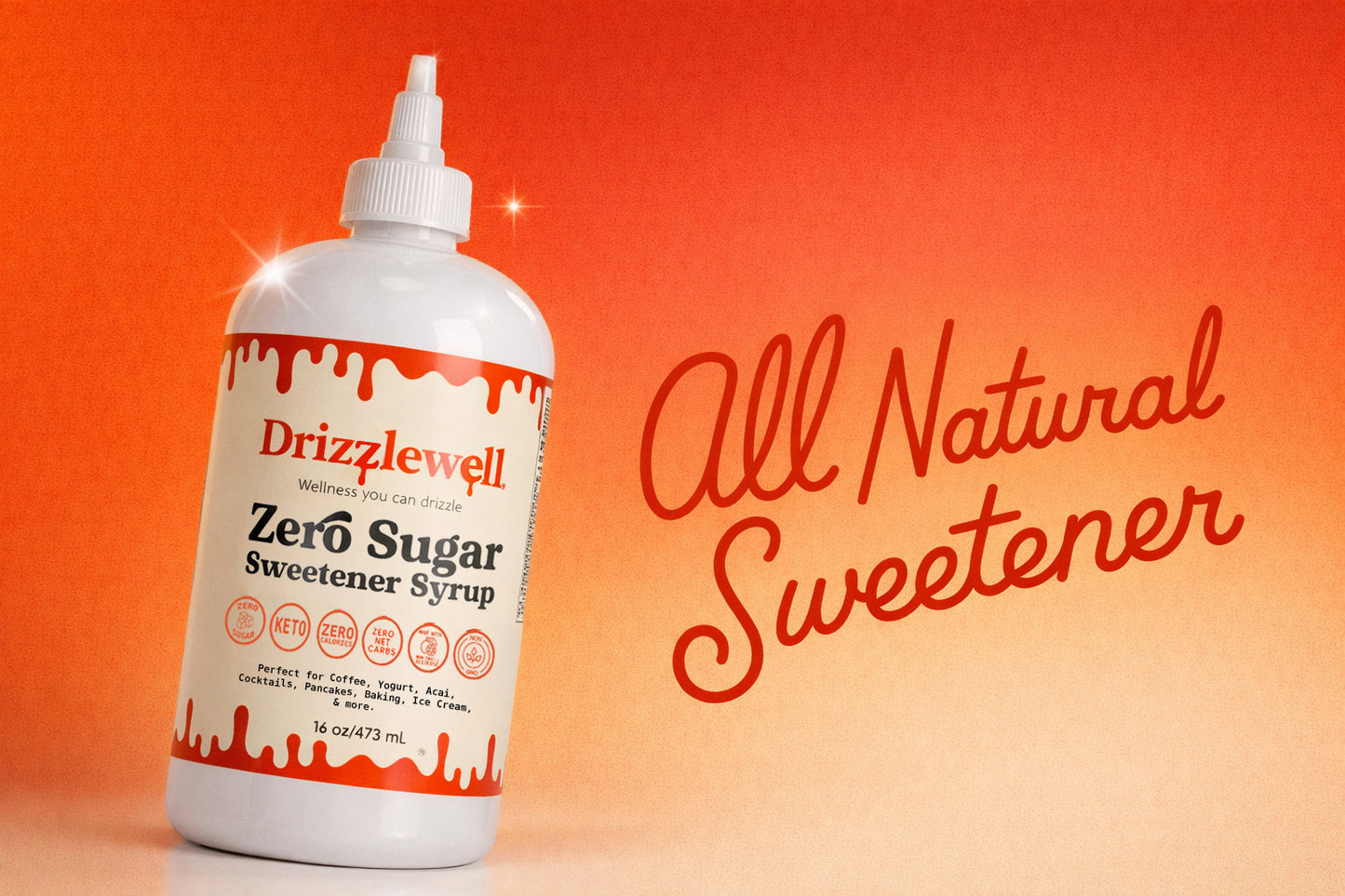 Drizzlewell zero sugar sweetener syrup made with allulose and monk fruit, zero calorie and zero net carb natural sweetener, keto friendly and diabetic friendly, perfect for coffee, cooking, baking, cocktails and more
