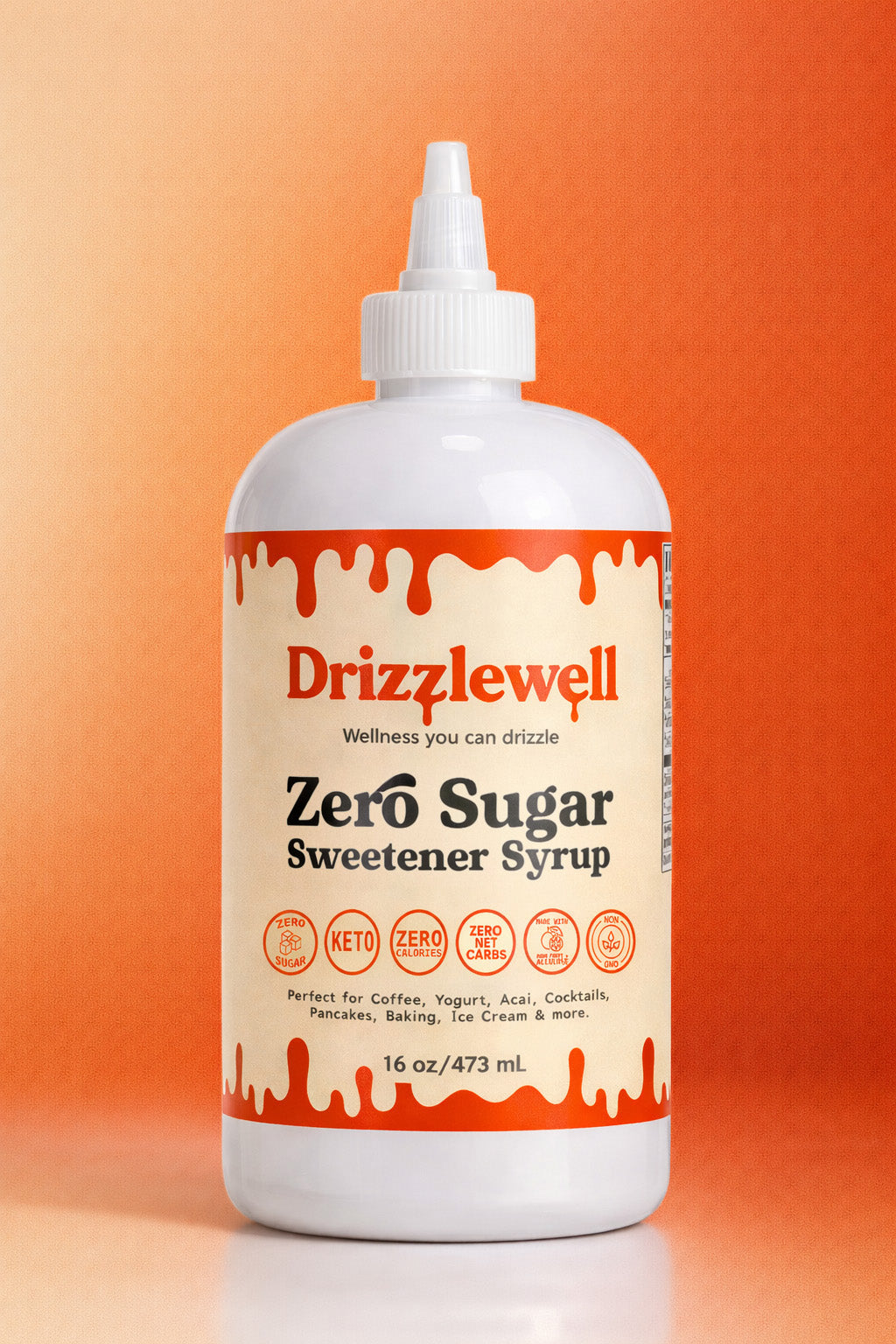 Drizzlewell zero sugar sweetener syrup bottle made with allulose and monk fruit, zero calorie and zero net carb syrup, keto friendly and diabetic friendly, perfect for coffee, cooking, baking, cocktails and more
