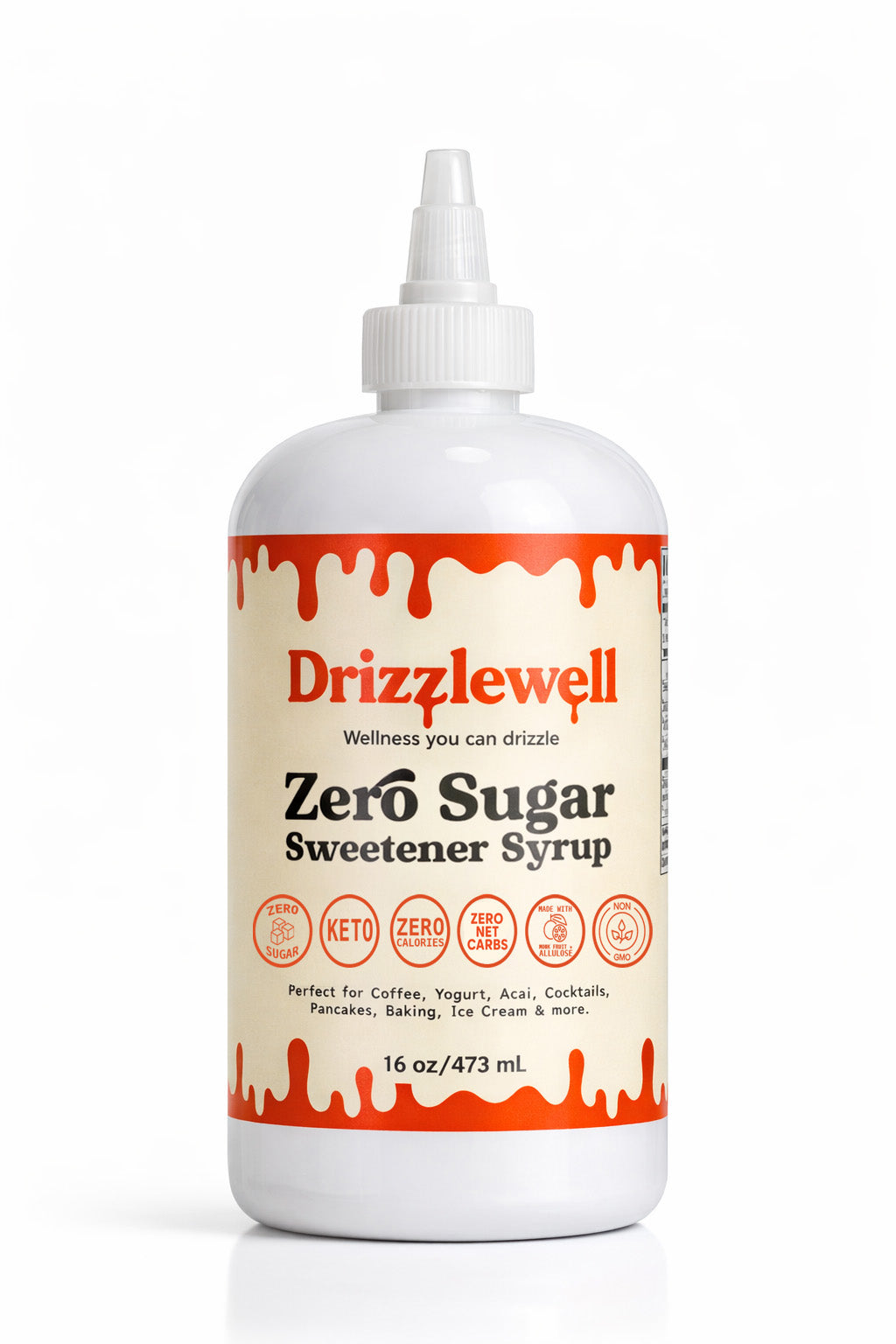Drizzlewell zero sugar sweetener syrup made with allulose and monk fruit, zero calorie and zero net carb syrup, keto friendly and diabetic friendly, perfect for coffee, cooking, baking, cocktails and more
