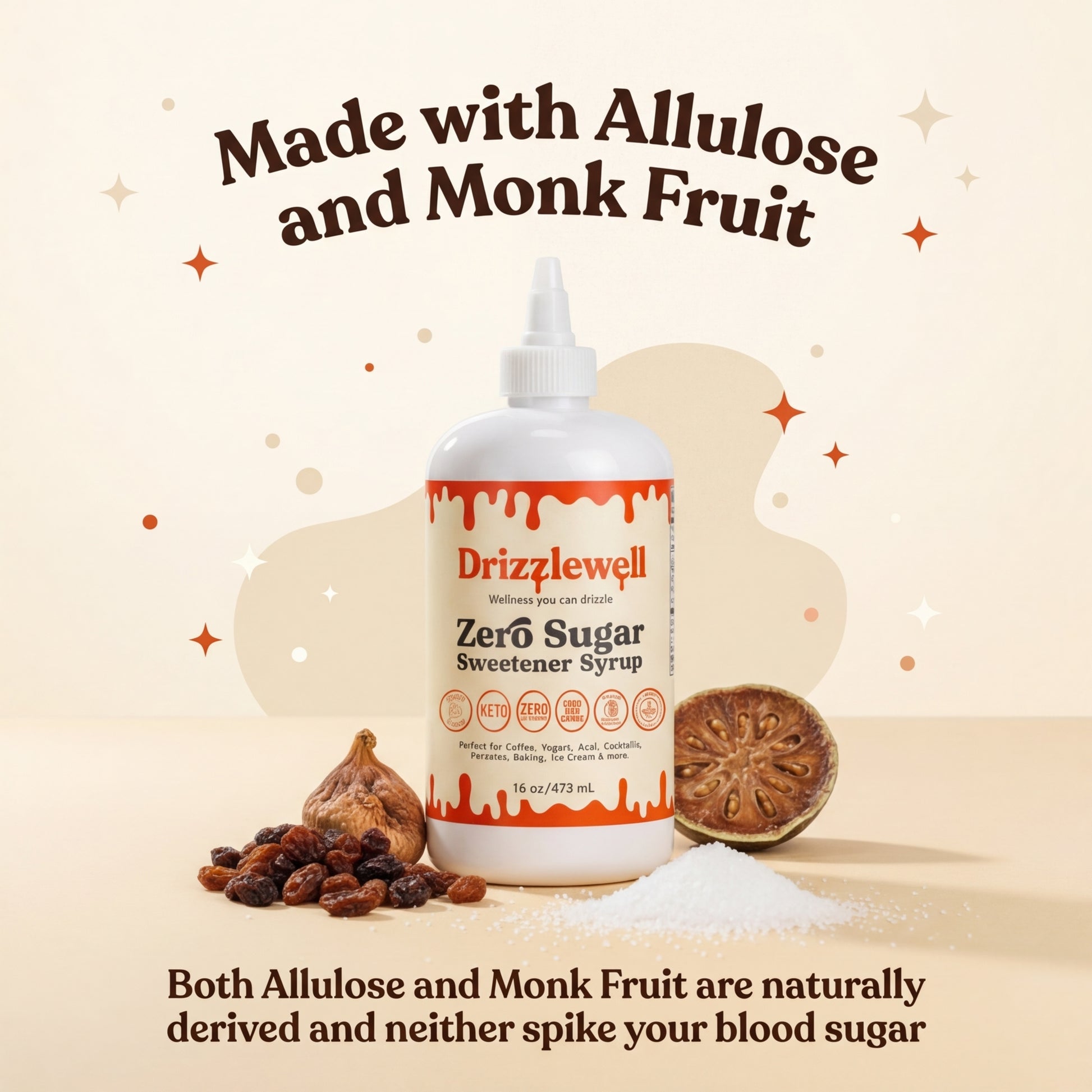 Drizzlewell zero sugar syrup made with allulose and monk fruit, naturally derived sweetener that does not spike blood sugar, zero calorie, zero net carb, keto friendly and diabetic friendly syrup for coffee, baking, cooking and cocktails