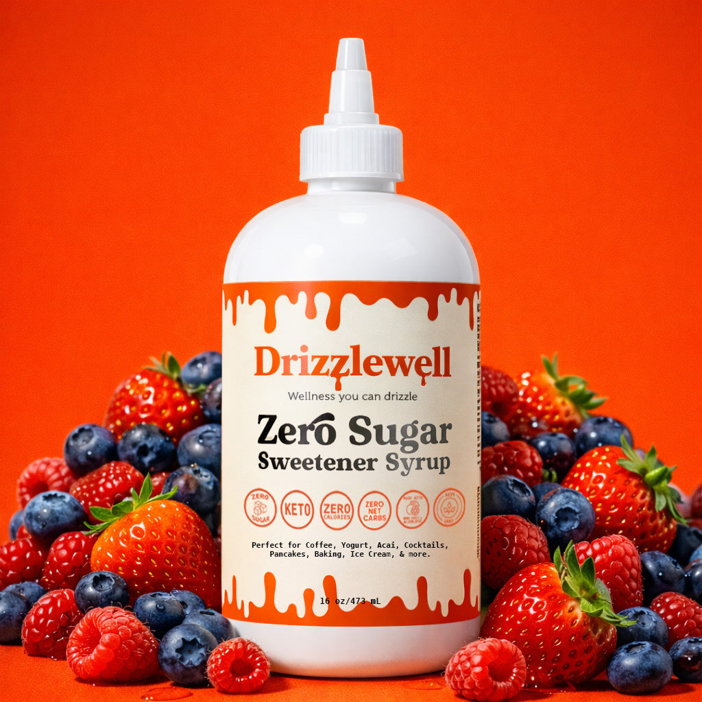 Drizzlewell zero sugar sweetener syrup with fresh strawberries blueberries and raspberries, zero calorie and zero net carb syrup made with allulose and monk fruit, keto friendly and diabetic friendly, perfect for fruit, yogurt, coffee, baking, cooking and more