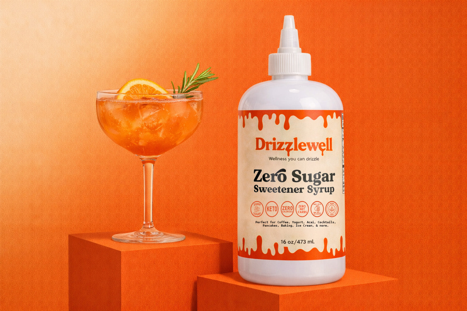 Drizzlewell zero sugar sweetener syrup with cocktail, zero calorie and zero net carb syrup made with allulose and monk fruit, keto friendly and diabetic friendly, perfect for cocktails, mocktails, coffee, baking, cooking and more
