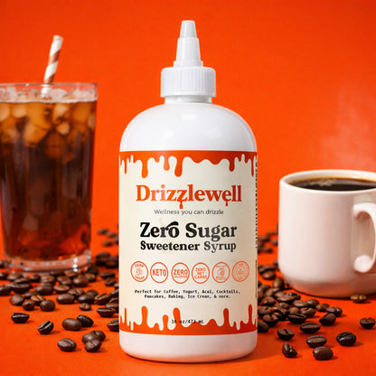 Drizzlewell zero sugar sweetener syrup with iced coffee and hot coffee, zero calorie and zero net carb syrup made with allulose and monk fruit, keto friendly and diabetic friendly, perfect for coffee, baking, cooking, cocktails and more