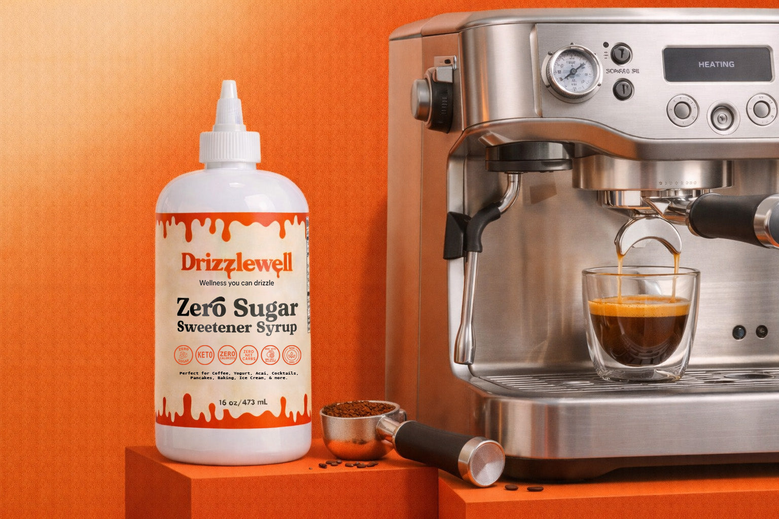 Drizzlewell zero sugar sweetener syrup next to espresso machine, zero calorie and zero net carb syrup made with allulose and monk fruit, keto friendly and diabetic friendly, perfect for coffee, baking, cooking, cocktails and more