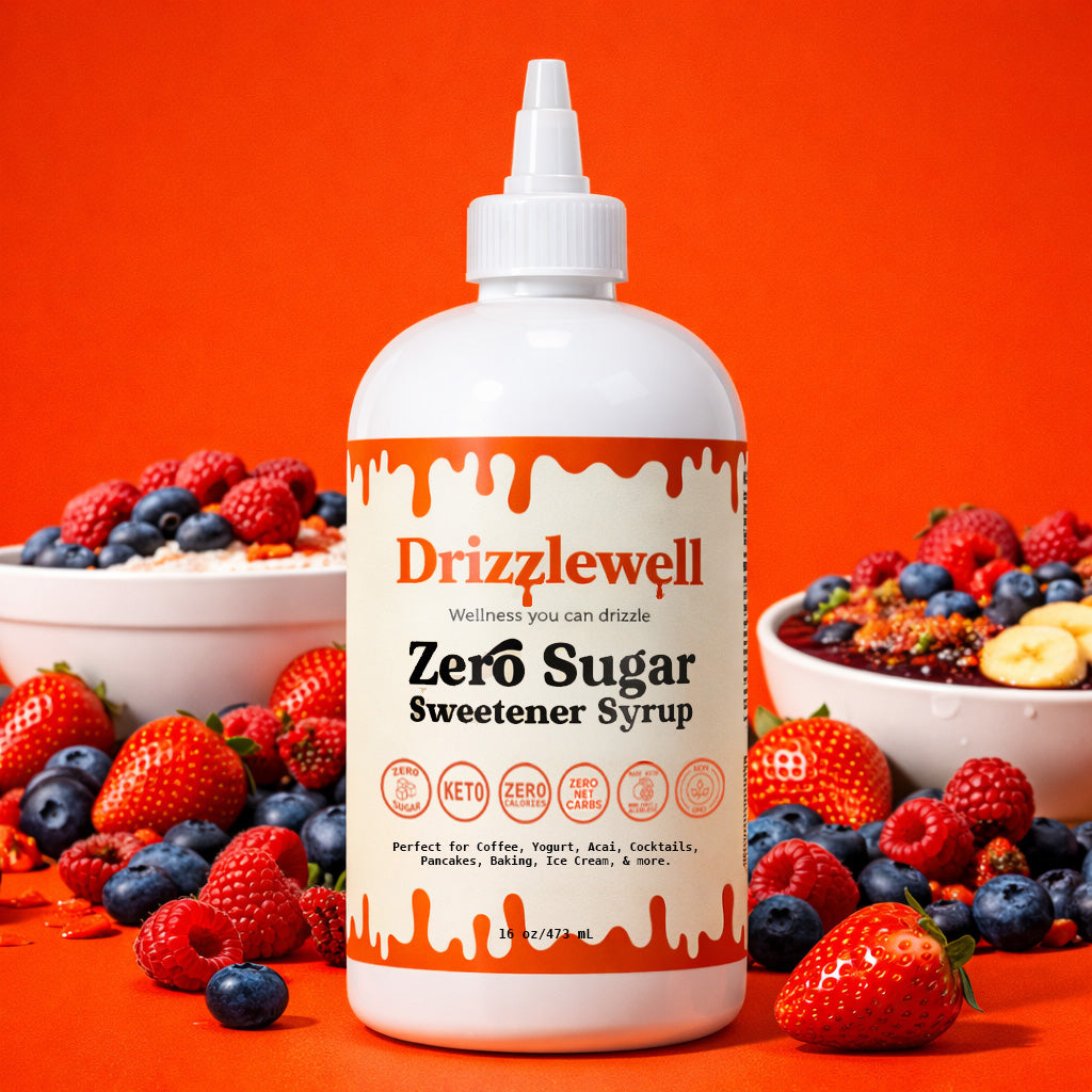 Drizzlewell zero sugar sweetener syrup with fruit bowls and berries, zero calorie and zero net carb syrup made with allulose and monk fruit, keto friendly and diabetic friendly, perfect for yogurt, fruit, coffee, baking, cooking and more