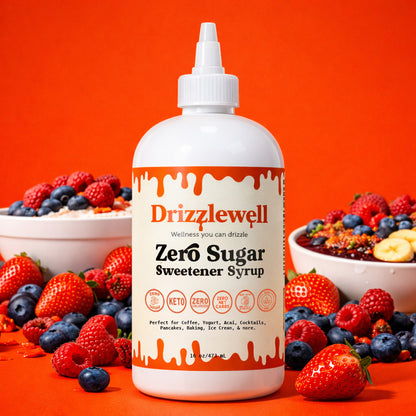 Drizzlewell zero sugar sweetener syrup with fruit bowls and berries, zero calorie and zero net carb syrup made with allulose and monk fruit, keto friendly and diabetic friendly, perfect for yogurt, fruit, coffee, baking, cooking and more
