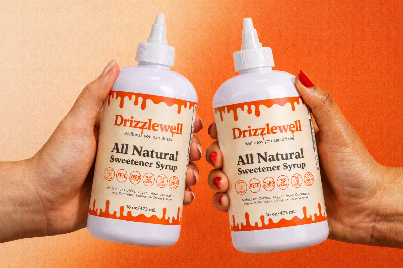 Drizzlewell zero sugar all purpose syrup held in hand, zero calorie and zero net carbs sweetener, keto friendly and diabetic friendly, perfect for coffee, cooking, baking, pancakes, cocktails and more