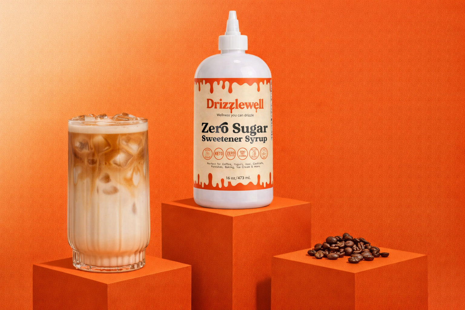 Drizzlewell zero sugar sweetener syrup with iced coffee, zero calorie and zero net carb syrup made with allulose and monk fruit, keto friendly and diabetic friendly, perfect for coffee, baking, cooking, cocktails and more