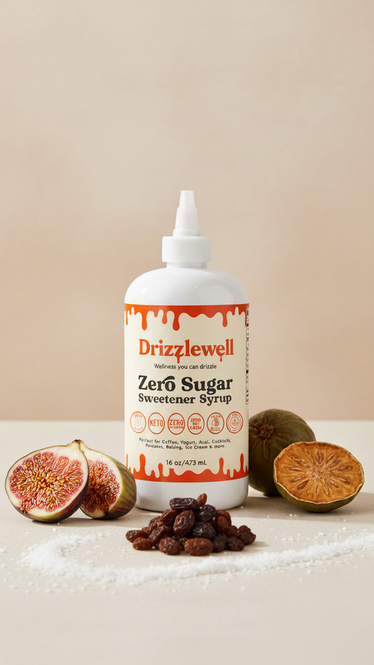 Drizzlewell zero sugar syrup bottle with figs and raisins highlighting natural allulose and monk fruit sweetener, zero calorie, zero net carb syrup that is keto friendly and diabetic friendly, perfect for coffee, baking, cooking and cocktails