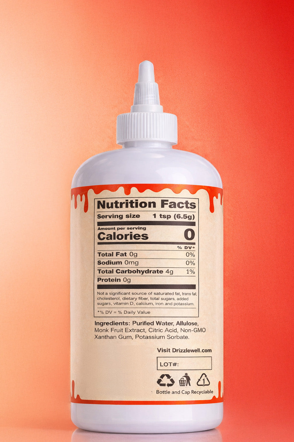 Nutrition facts and clean ingredients label for Drizzlewell Sugar Free Syrup. Shows zero calories, zero sugar, and 4g total carbs. Ingredients include purified water, allulose, monk fruit extract, and non-GMO xanthan gum. Keto-friendly and low glycemic.