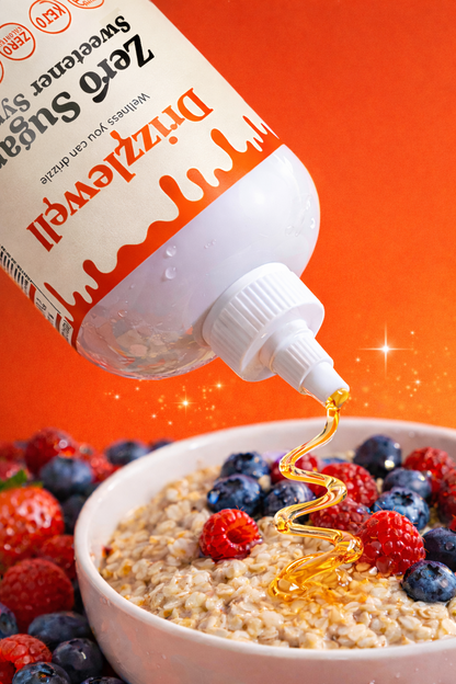 Drizzlewell zero sugar syrup drizzled over oatmeal with berries, zero calorie and zero net carb sweetener made with allulose and monk fruit, keto friendly and diabetic friendly, perfect for breakfast, coffee, baking, cooking and more