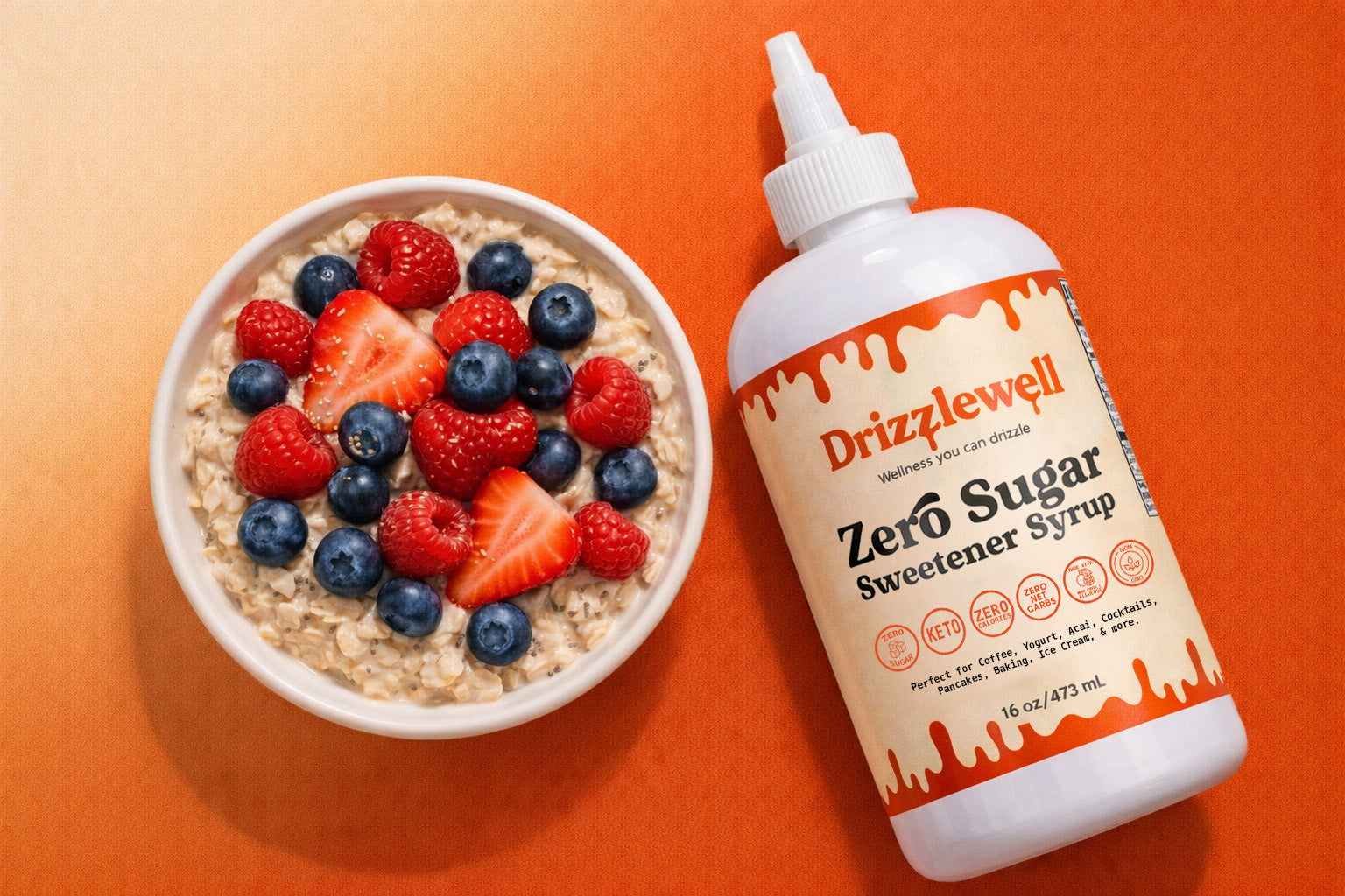 Drizzlewell zero sugar sweetener syrup next to oatmeal with strawberries, blueberries and raspberries, zero calorie and zero net carb syrup made with allulose and monk fruit, keto friendly and diabetic friendly, perfect for breakfast, coffee, baking, cooking and more