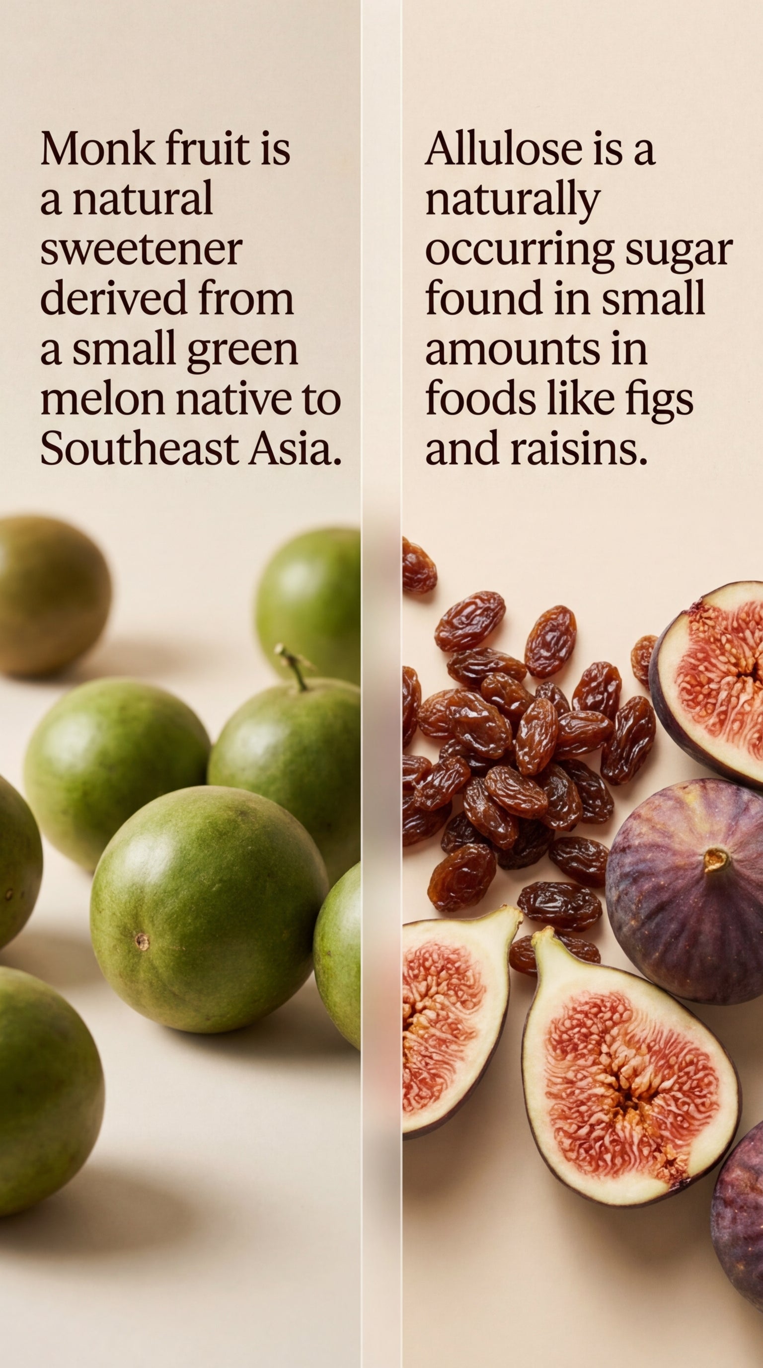 Monk fruit and allulose natural sweetener sources explained with figs and raisins, used in Drizzlewell zero sugar syrup, zero calorie, zero net carb, keto friendly and diabetic friendly sweetener for coffee, baking, cooking and cocktails